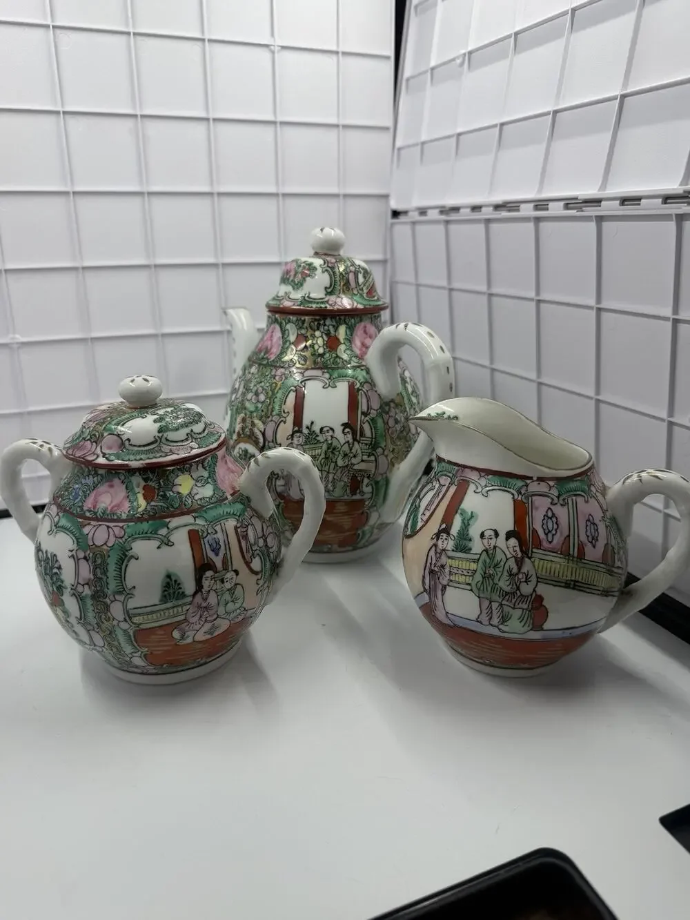 Antique Chinese Famille Rose Medallion Porcelain Tea Set; Teapot, Sugar, Creamer